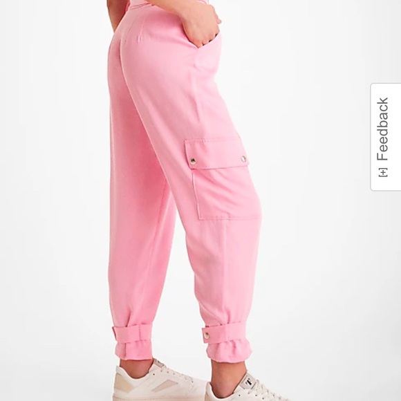 Express Ladies Pink Satin High Waisted Belted Cargo Joggers NWT Size 14R - Picture 2 of 8